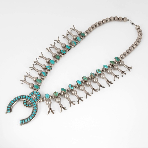 Dine [Navajo] and Zuni Silver and Turquoise Squash Blossom ca. 1950' - Picture 3 of 3